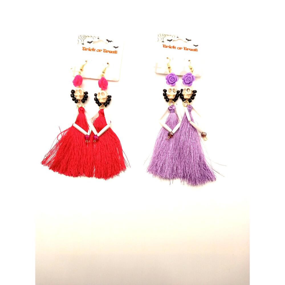 2 pair Skull Roses Pink & Purple Halloween Day of the Dead Earrings 1110-12